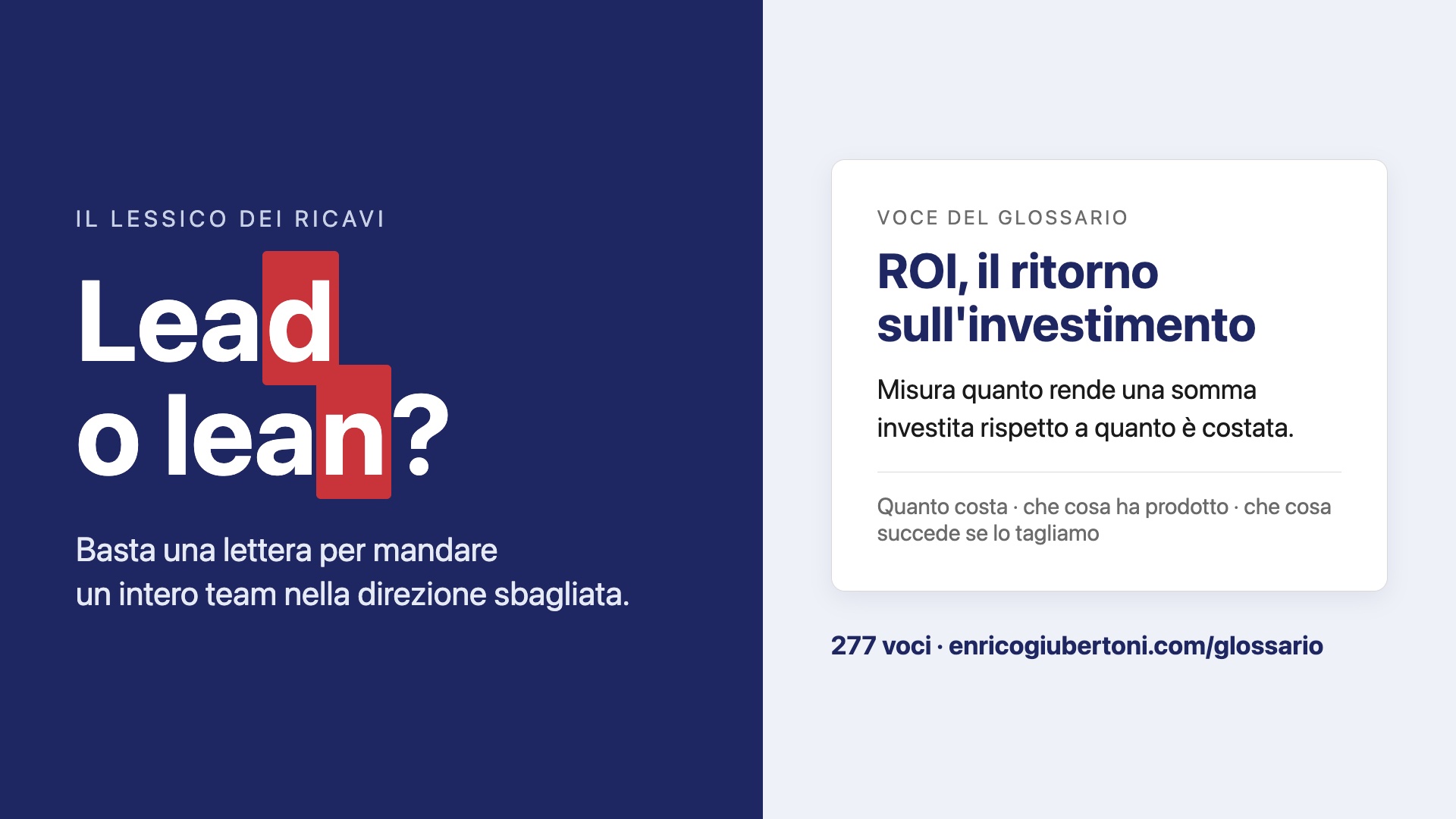 Lead o lean? Basta una lettera per mandare un intero team nella direzione sbagliata. Accanto, la voce del glossario ROI, il ritorno sull’investimento